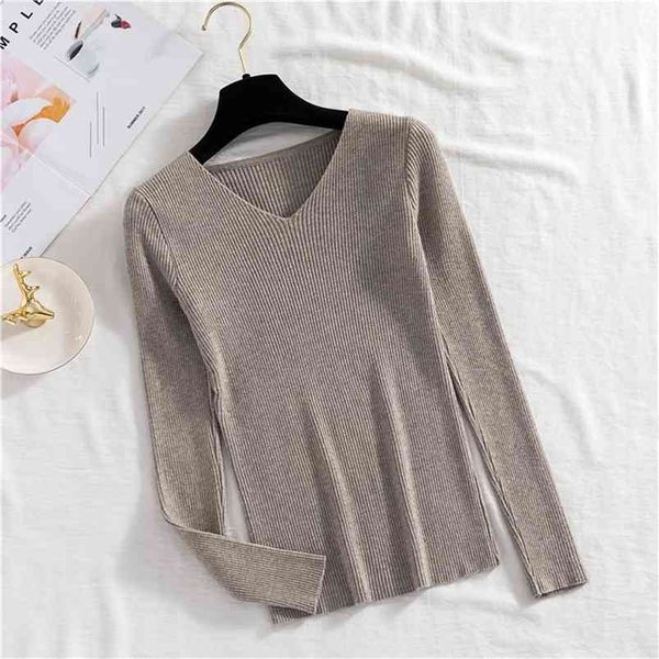 

women sweater autumn winte pullover elastic knitted jumper long sleeve v-neck basic female knitwear sueter mujer 210430, Black;gray