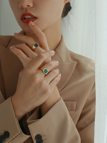 

black onyx ring gold plated 925 sterling silver malachite signet square rings, Slivery;golden