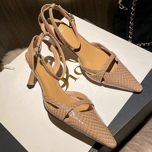

dress shoes pointed toe woman ankle strap genuine leather high heels women sandals 2021 summer est wedding basic pumps, Black