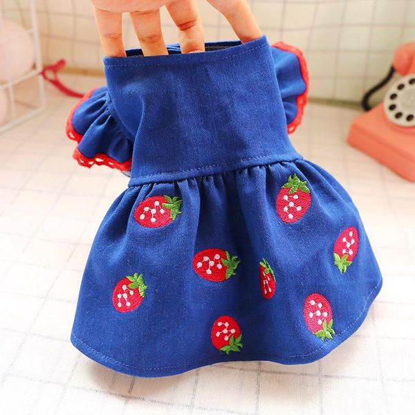 

dog apparel clothes strawberry spring summer denim skirt pet chihuahua bichon small medium dress teddy