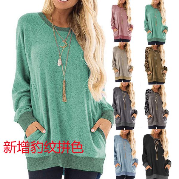 

2021 new color contrast pocket sweater long sve round neck pullover sweatshirt casual t-shirt, Black