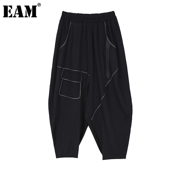 

[eam] high elastic waist black irregular ankle-length trousers loose fit pants women fashion spring summer 1dd7530 210512, Black;white