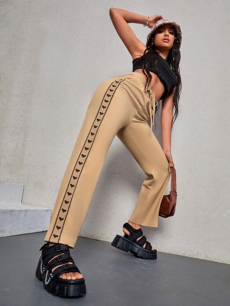 

heart print drawstring waist pants i59l#, Black;white
