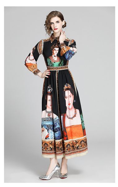 

black skirts slimming 2021 european and american cross-border dress lapel long sleeve retro print skirt spring, Black;pink