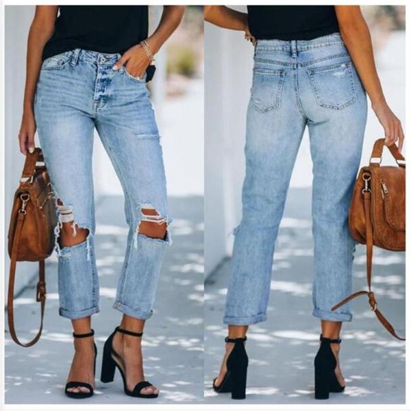 

autumn 2021 women water washing broken hole slim straight type jeans street fashion vintage light blue cowboy long pants women's