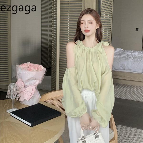 

women's blouses & shirts ezgaga off shoulder blouse women solid long sleeve loose bandage elegant ladies halter sun-proof korean c, White