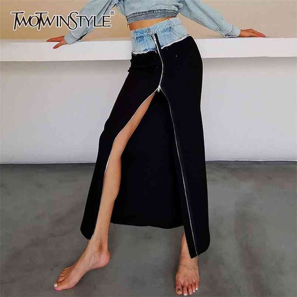 

denim patchwork hit color skirt for women high waist zipper front split skirts female fashion summer 210521, Black