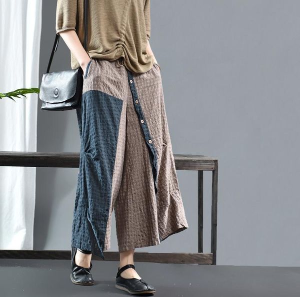 

women's pants & capris spring women patchwork panelled retro buttons elastic waist loose female full-length wide leg pant casual fashio, Black;white