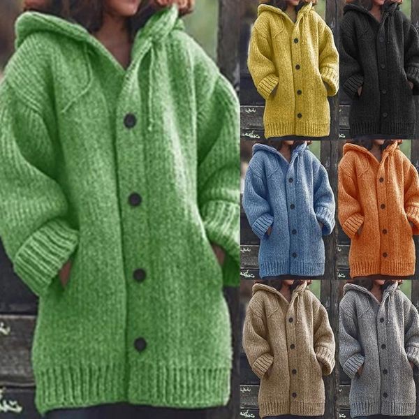

women's knits & tees women solid knitted sweater single breasted long sleeve hooded cardigan casual loose female autumn winter plus siz, White