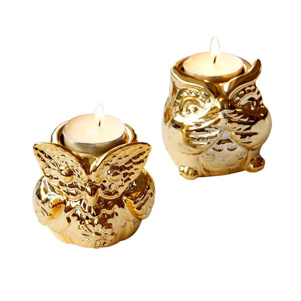 Simpatico portacandele in ceramica con gufo, regalo di Natale in oro, candeliere, supporto per tealight, statuina dorata per la decorazione domestica della festa di nozze