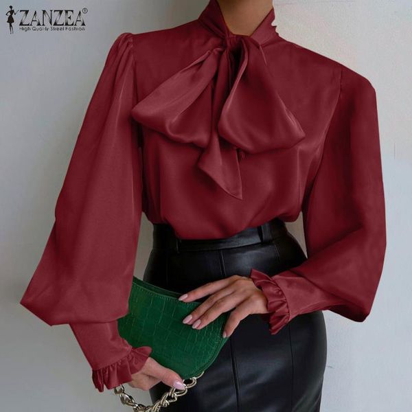 

women's blouses & shirts 2022 fashion solid long puff sleeve blouse women casual bow office shirt elegant work ruffle chemise slim ol, White