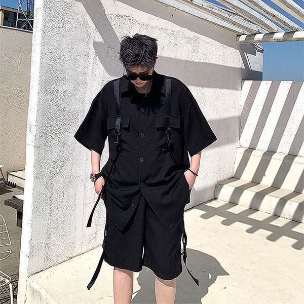 

men's tracksuits streamer techwear - men's two piece set, short sleeved shirt and slacks, hip hop style, casual, punk, summer, Gray
