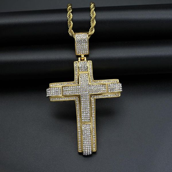 

pendant necklaces hip hop bling iced out gold color stainless steel double layer cross pendants neckalce for men rapper jewelry drop, Silver