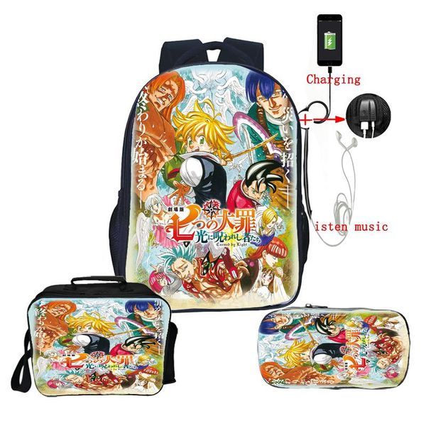 

backpack boys girls the seven deadly sins 3pcs set with pen bag lunch teenager knapsack kids rucksack students school bags