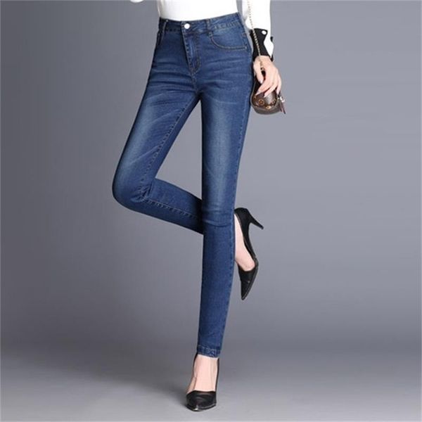 

women's jeans 2021 fall/winter mid-high waist slim stretch plus size pants, Blue