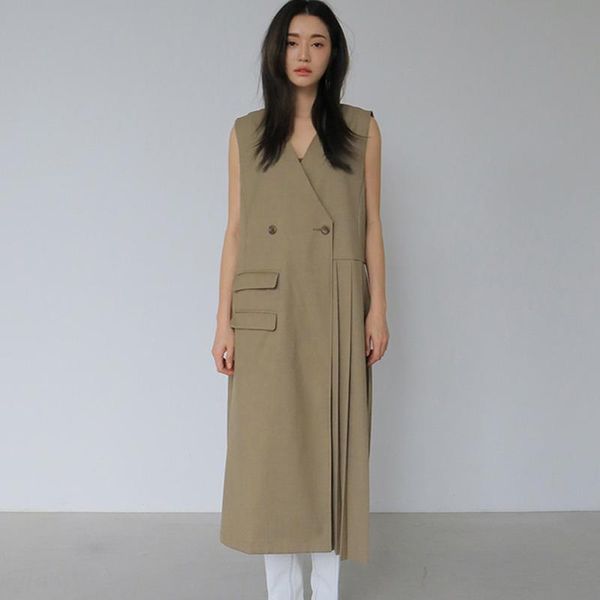 

casual dresses [ewq] 2021 summer women vintage loose thin elegant sleeveless folds maxi dress minimalist long khaki lady robe pleated, Black;gray
