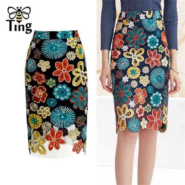 

vintage elegant flower emboidery pencil skirts retro women bodycon office work saias knee length skirt plus 210513, Black