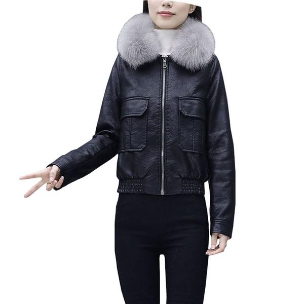 

women's leather & faux jacket 2021 winter women warm female fashion fur collar plus size coat thickened cotton pu ok1046, Black
