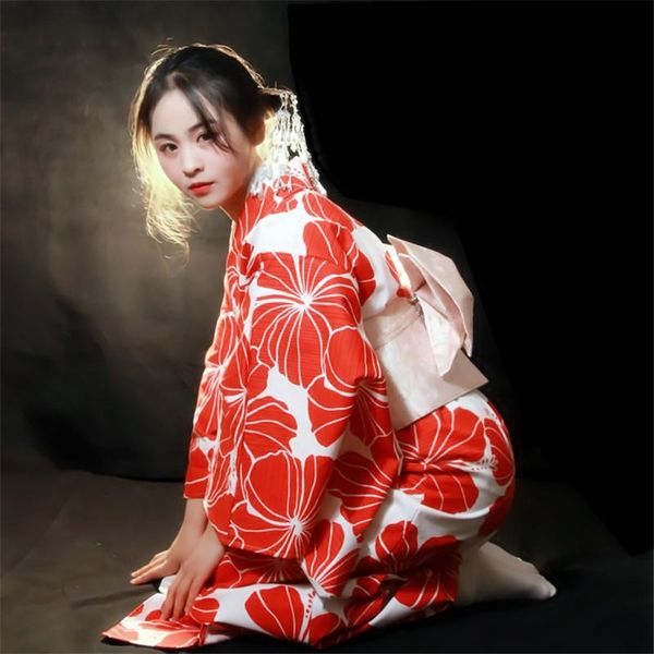 

ethnic clothing kimono japanese traditional for women harajuku style sakura floral print obi long sleeve maxi robes slim lacing yukata, Red
