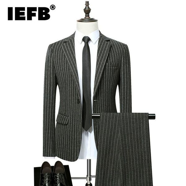 

men's suits & blazers iefb autumn winter men's suit two-piece business casual clothing single button striped blazer + straight pant, White;black