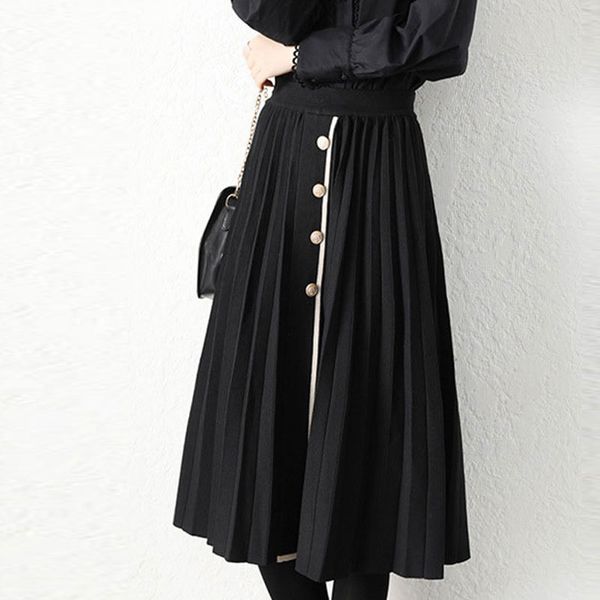 

skirts autumn winter skirt women high waist a-line pleated womens vintage casual button elegant femme quality zfvh, Black