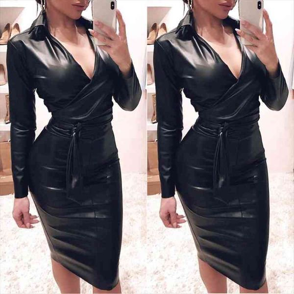 

v neck solid women dress black mini pu leather long sleeve bodycon shirt dresses for spring autumn, Black;gray