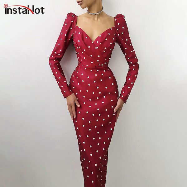 

instaelegant casual dress women slim v neck long sleeve mid calf pencil dress 2021 club office lady polka dot puff sleeve, Black;gray
