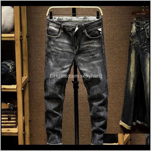 

mens clothing apparel drop delivery 2021 italian style fashion slim fit retro black gray vintage designer jeans men streetwear classical rip, Blue