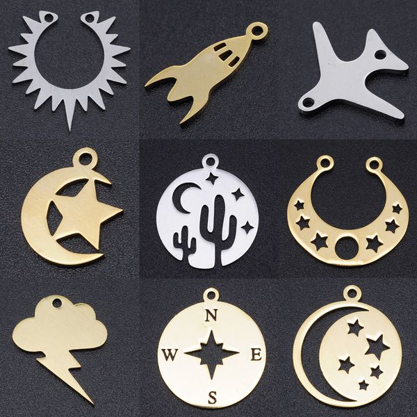 

5pcs/lot sun star diy charms wholesale 100% stainless steel compass rocket connectors charm airplane starry jewelry pendant, Bronze;silver