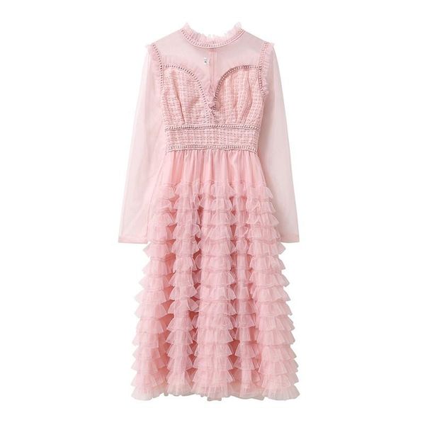 

casual dresses hepburn style elegant pastel net yarn spring autumn a-line slim high waist ruffles long black party dress women robe hollow o, Black;gray