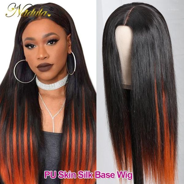 

2x5"deep part silk base closure wigs 16-24" highlight virgin human hair for women natural/orange color bleach knots pu1, Black;brown