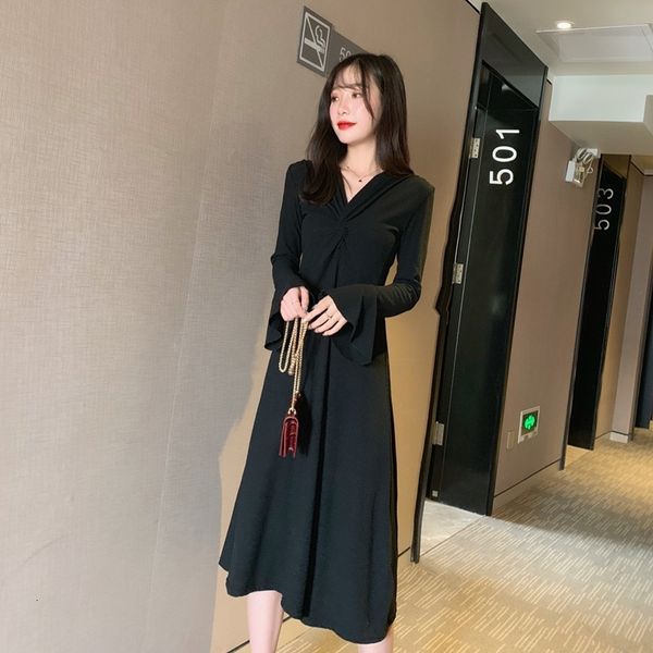 

women dresses vintage twisted v-neck ruffle slim long sleeve maxi dress, Black;gray