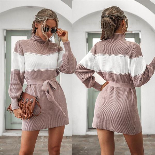 

casual dresses patchwork women sweater dress 2021 winter turtleneck lantern sleeves sashes slim, Black;gray