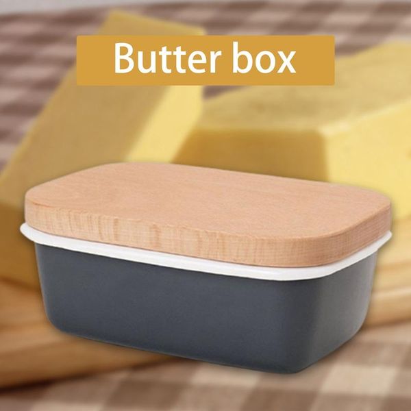 

dishes & plates butter box enamel container tray with wooden lid cover black white storage