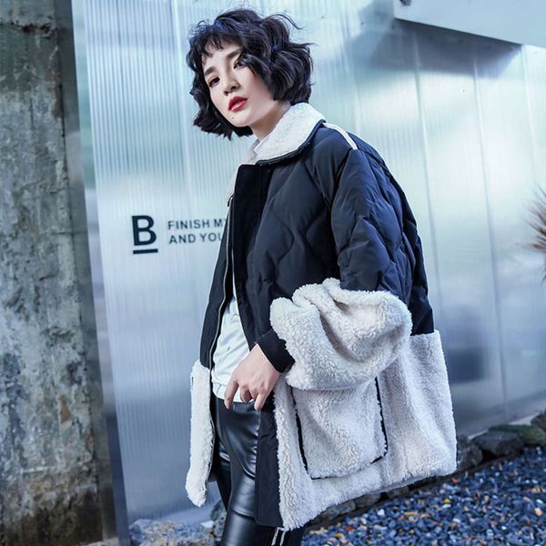 

cotton women's fashion contrast color stitching lamb cashmere short coat padded jacket suit, Black