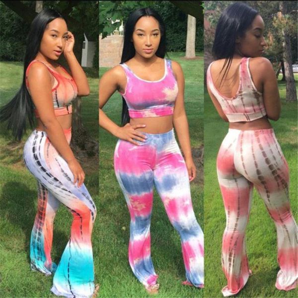 

wholesale- casual tie dye jumpsuits women bodysuit sleeveless crop and flare pants set 2021 elastic waist stretchy overalls1, Black;white