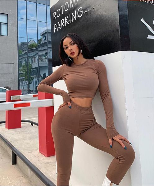 

elastic fitness 2 pieces set womenpant solid long sleeve crop leggings two piece tracksuit matching sets outfit 2pcs suits, White