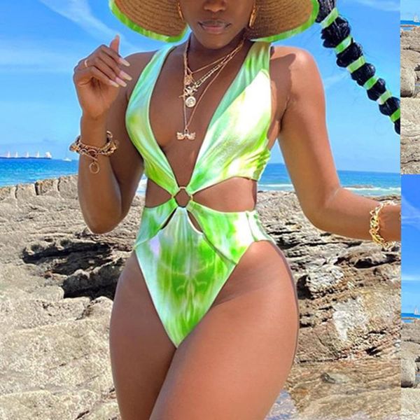 

women's swimwear tie dye one piece swimsuit 2021 monokini backless swim suit bathing beach v neck women bodysuit, White;black