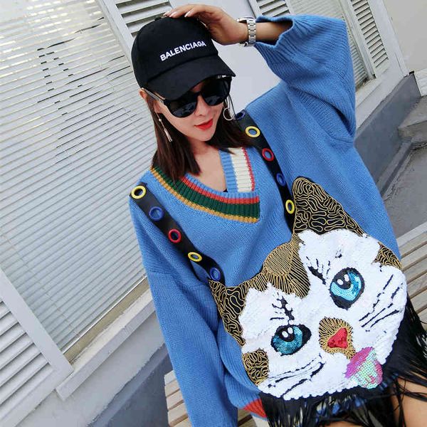 

sweaters thailand tide brand ladies knitted lazy wind sweater women wear loose chic hedging cartoon heavy sequin knit, White;black