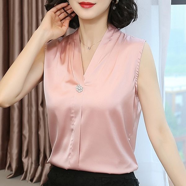 

womens and blouses shirts summer satin shirt v-neck poplin chiffon sleeveless clothes 22c 210420, White