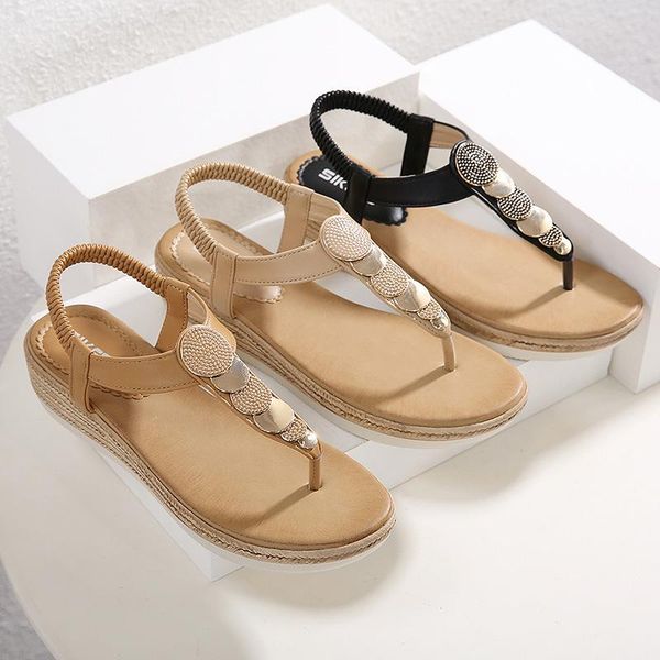 

sandals crystal metal decoration clip toe wedges women flip flops summer platform shoes slip on elastic band sandalen dames 2021, Black