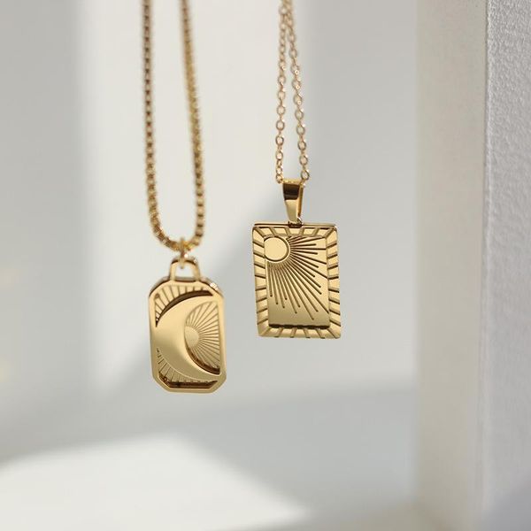 

pendant necklaces fashion titanium steel gold plated embossing square sun moon cloud for women vintage art jewelry gift, Silver