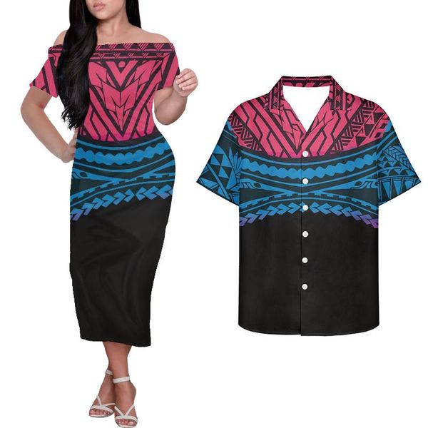 Vestidos casuais Hycool atacado verão para as mulheres 2021 Impressão tribal Samoan fora do vestido de ombro Polinésia Bodycon Correspondência de homens