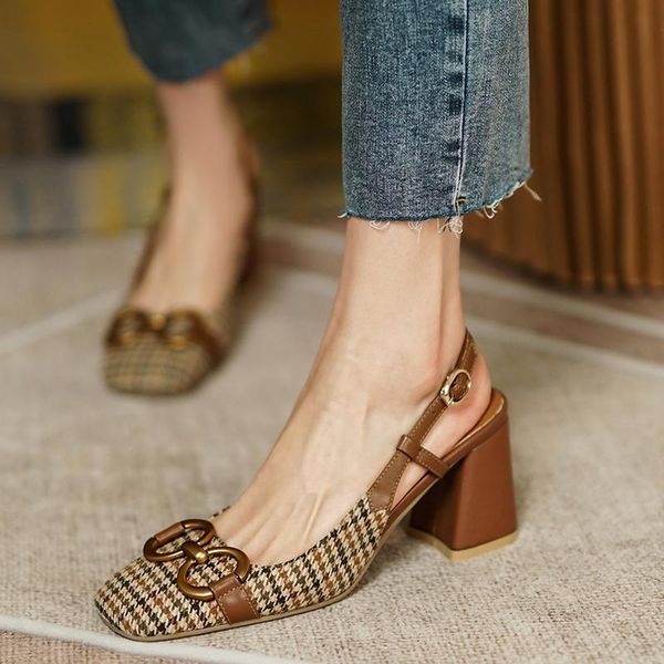 

summer women shoes square toe chunky heels sandals houndstooth buckle 7cm high heel slingback for, Black