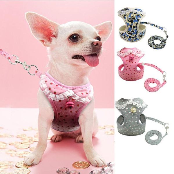 

dog collars & leashes soft breathable mesh pet harness leash set with bell cute lace puppy vest traction rope for small medium dogs cats