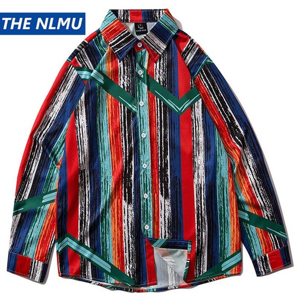 

stripe print hawaiian shirts 2021 autumn harajuku casual long sleeve beach dress shirt streetwear hip hop men wy317 men's, White;black