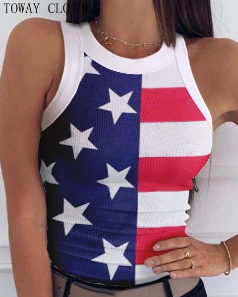 

women's tanks & camis women striped star flag print round neck ribbed tank camisole, White