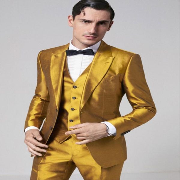 Ternos masculinos Blazers Gold Satin Mens formal Formal Estilo Blazer Estilo de Prom Tuxedo Personalizado 3 Piece Mais Recente Design Jaqueta Pant Terno