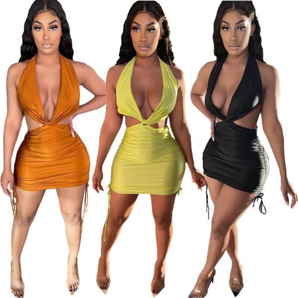 

casual dresses elegant drawstring ruched mini women summer dress 2021 deep v neck halter lace up bodycon club party clothing, Black;gray