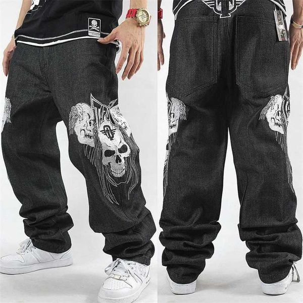 Satış Şerit Kot Jeans Gevşek Hip Hop Erkekler Baskılı Hiphop Hip-Hop Işlemeli Kafatası Rahat Kaykay 211108 Akını